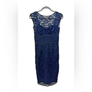 Maggy London Navy Blue Black Lace Floral 4 Scoop Back Cocktail Sheath
